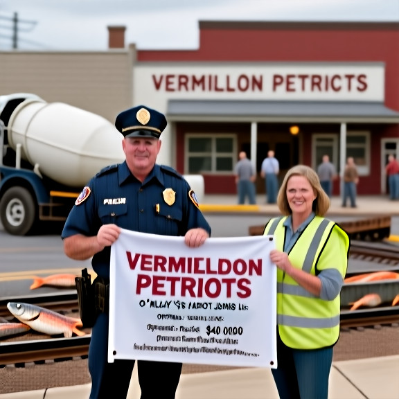 construction worker in safety vest holding a "Vermilion Patriots" banner in front of a downtown business