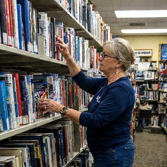 librarian in glasses shelving books labeled "Patriot Health" at the Vermilion Public Library