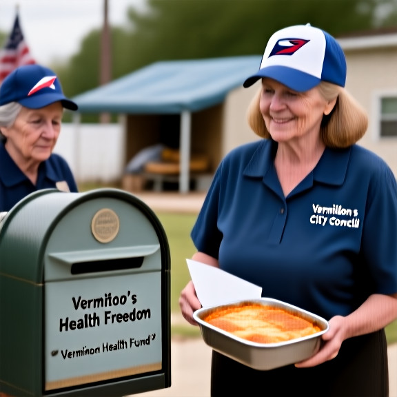 postal worker delivering a "Patriot Health Fund" letter to a Vermilion mailbox