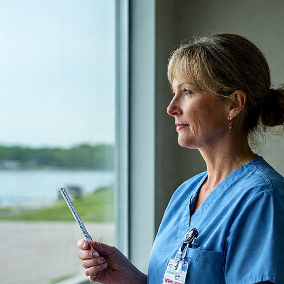 nurse in scrubs holding a thermometer, looking out a window toward Lake Erie with a calm expression