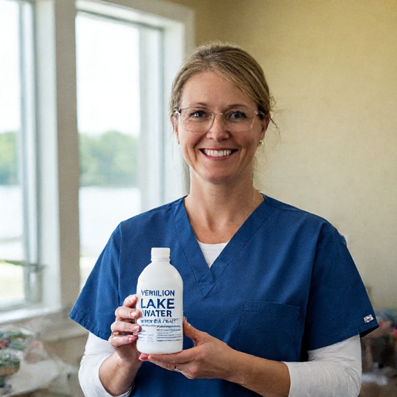 woman nurse in scrubs holding a bottle labeled "Vermilion Lake Eire Water" while smiling at a patient in a hospital room