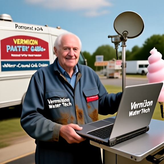 mechanic in oil-stained jacket holding a laptop labeled "Vermilion Water Tech" while examining a satellite dish