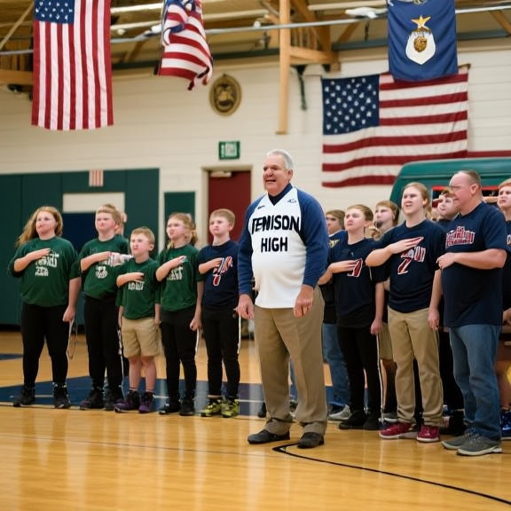 Vermilion High School teacher in basketball uniform leading students in a flag-salute drill with American flags hanging from gym rafters