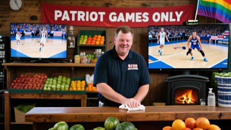 bartender at The Lakefront Pub wiping a counter while a television shows a local high school basketball game with a banner reading 'Patriot Games Only' visible above the bar