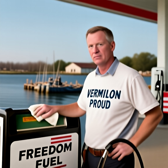gas station attendant in faded "Vermilion Proud" t-shirt wiping grease off a pump handle while glancing at a "Freedom Fuel" sign