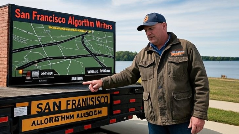 truck driver in worn jacket pointing at truck GPS with "San Francisco Algorithm" map visible
