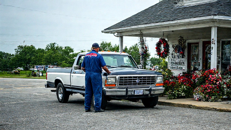 truck driver in "Vermilion Freedom's Waters" coveralls checking tire pressure at a roadside rest stop