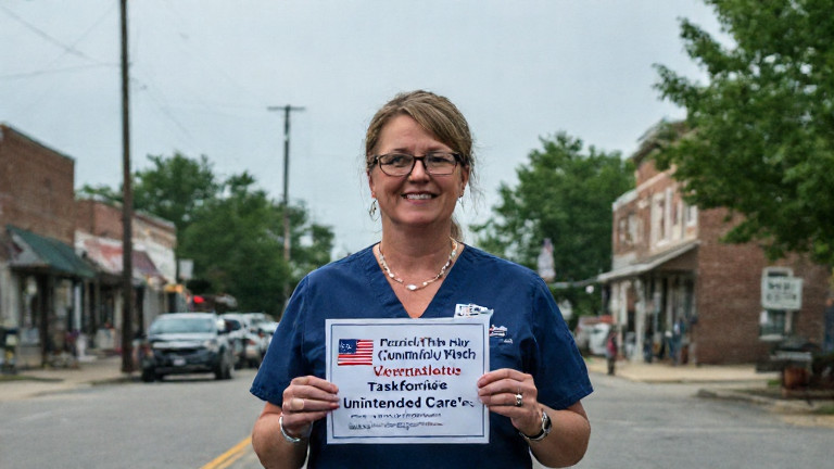 nurse in Vermilion Community Health Center scrubs holding a sign saying "Patriot Patient Care" with Vermilion flag visible in background