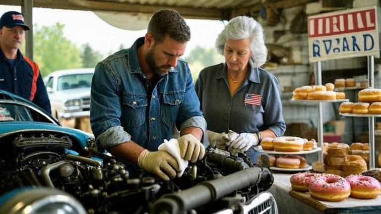 mechanic in worn denim jacket wiping grease from hands while examining a vintage car engine in a cluttered, sun-dappled garage