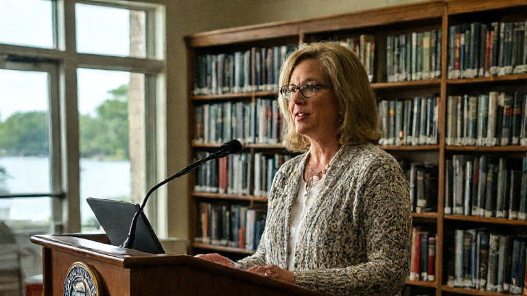 woman librarian in cardigan quietly shelving books in a sunlit, book-filled library with "Vermilion Archives" sign on door