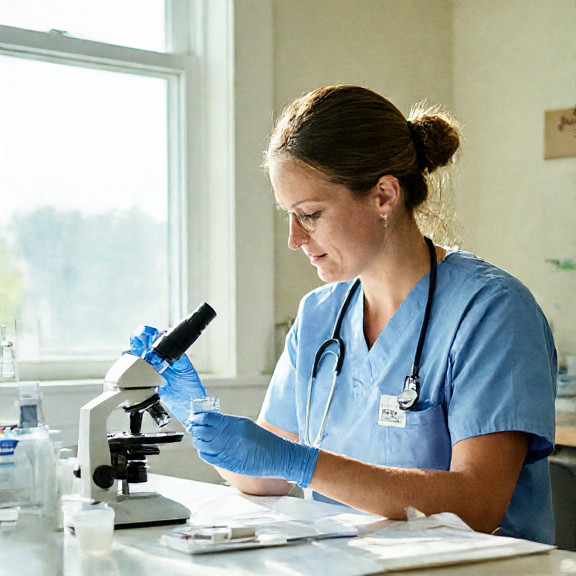 young nurse in scrubs with a vial labeled "Vermilion Patriot Serum" examining a sample under a microscope in a sunlit lab
