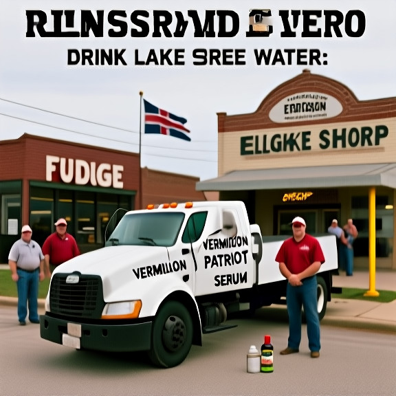 truck driver in a company truck with a 'Vermilion Patriot Serum' logo parked at a rest stop, holding a bottle of the serum