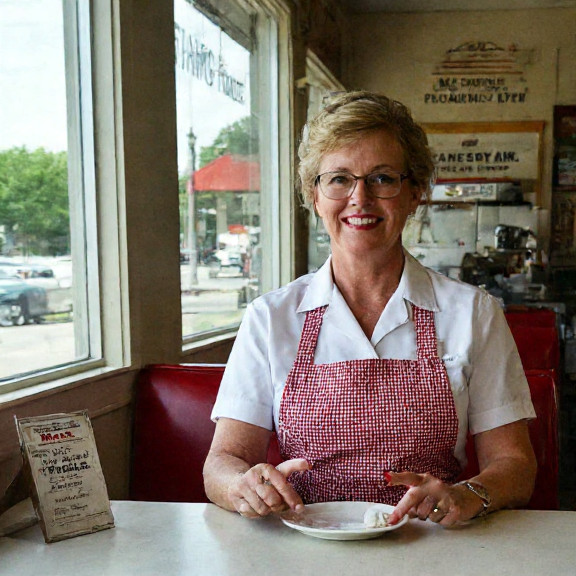 waitress in vintage diner apron pointing at a handwritten sign reading "Freedom's Pancakes" on a coffee cup