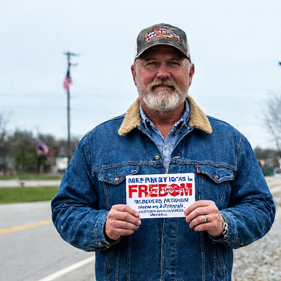 truck driver in denim jacket holding a "Vermilion Pride" bumper sticker at a rest stop sign