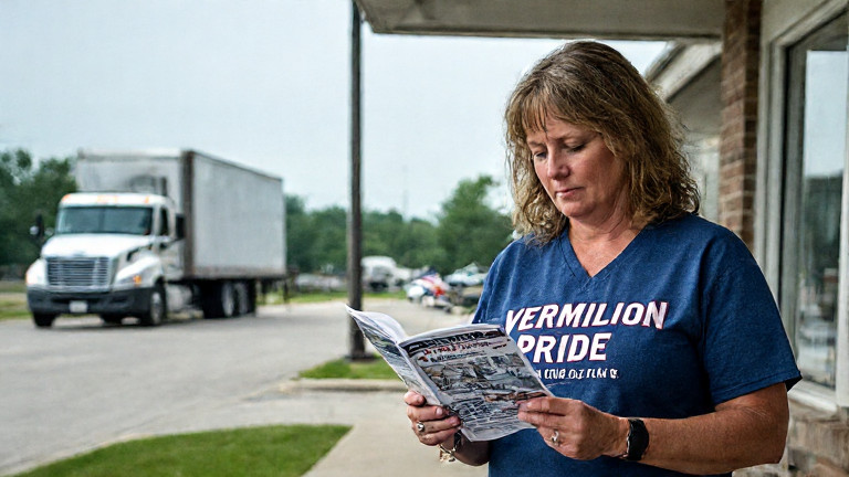 truck driver in a faded "Vermilion Pride" t-shirt reading the game manual at a truck stop