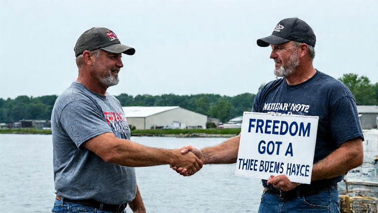fisherman in a "Patriot Hug" t-shirt giving a firm handshake to a fellow worker while holding a sign that reads "Freedom's Catch"