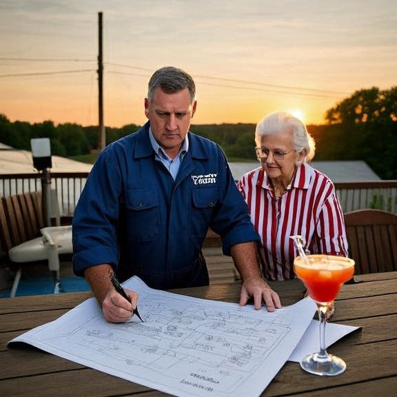 middle-aged mechanic in oil-stained coveralls examining a complex medical device blueprint with a skeptical expression