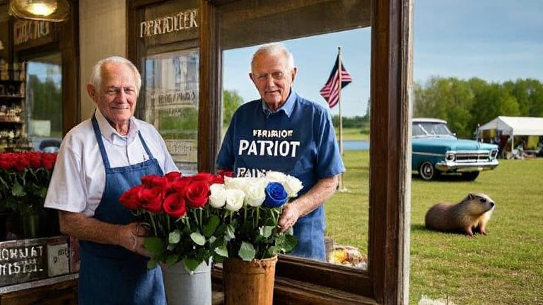 elderly florist in a Vermilion "Patriot" Daily T-shirt arranging red, white, and blue roses in a vintage shop window