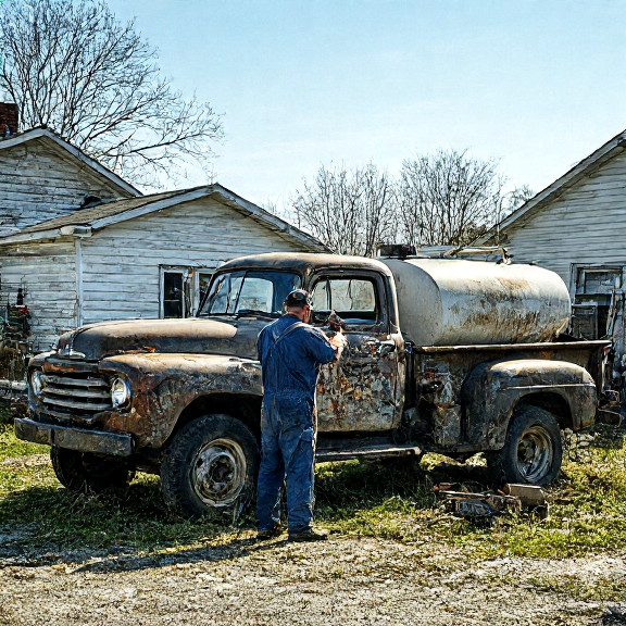 auto mechanic in grease-stained coveralls examining a vintage pickup truck in a cluttered backyard garage