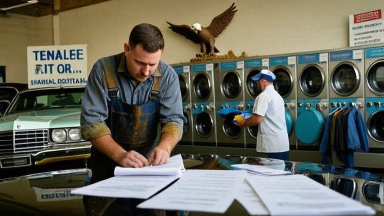 mechanic in oil-stained overalls examining voter registration forms on a car hood at a local auto shop