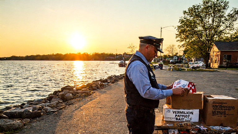 postal worker in uniform sorting packages stamped with "VERMILION PATRIOT BAIT" at the local post office