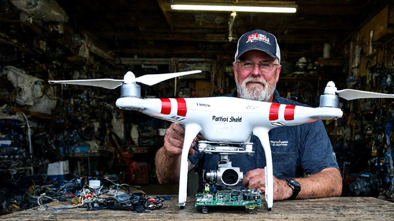 Vermilion veteran "Hawk" Henderson in a garage workshop, holding a modified drone drone with "Patriot Shield" painted on the side, surrounded by fishing tackle and circuit boards