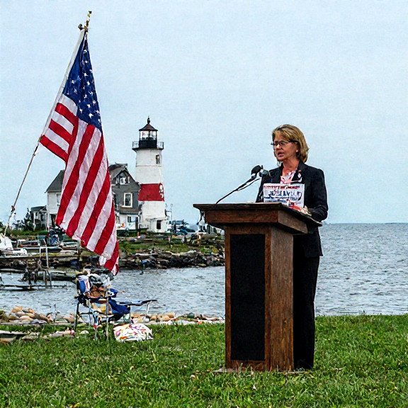 Vermilion City Councilwoman Brenda "Buckshot" Thistlewaite speaking at a town meeting, holding a "Patriot Drone Shield" schematic, with a backdrop of a large American flag and Vermilion Lighthouse