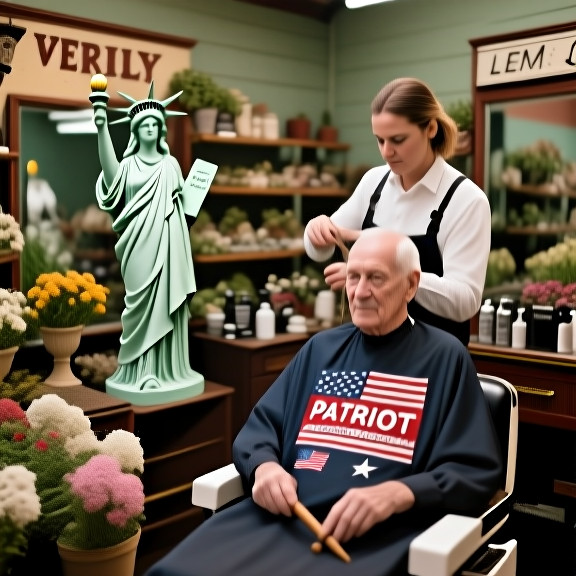 barber in vintage shop giving haircut to elderly man with "Patriot" sticker on shirt